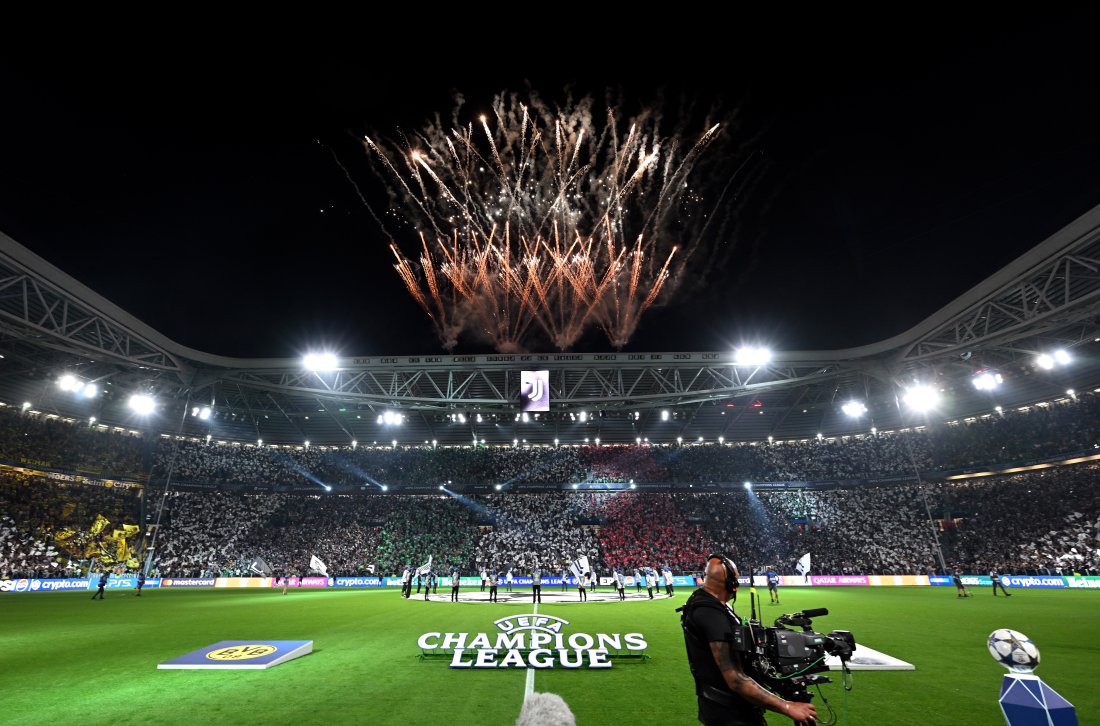 TURIN, ITALY - SEPTEMBER 16: General view inside the stadium as fireworks are set off prior to the UEFA Champions League 2025/26 League Phase MD1 match between Juventus and Borussia Dortmund at Juventus Stadium on September 16, 2025 in Turin, Italy. (Photo by Tullio Puglia - UEFA/UEFA via Getty Images)