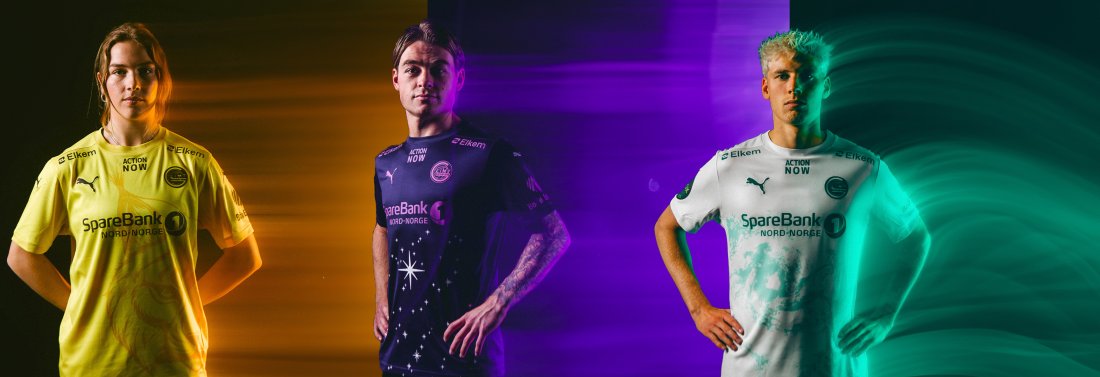 Lærke Hammer, Patrick Berg og Albert Grønbæk viser frem årets Glimt-drakter 2024. Den gule med gaupe, den blå med polarstjernen og den hvite med Saltstraumen
