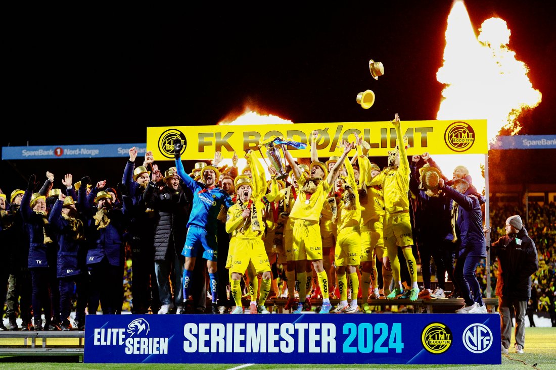Bodø/Glimt ble i 2024 seriemester for fjerde gang på fem sesonger. Dette var klubbens fjerde seriemesterskap i allnorsk fotball.Foto: Mats Torbergsen / NTB